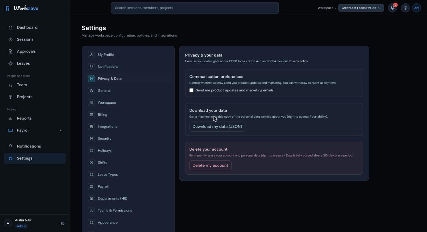 The Privacy & your data page with the marketing email checkbox, the Download my data button and the Delete my account button.