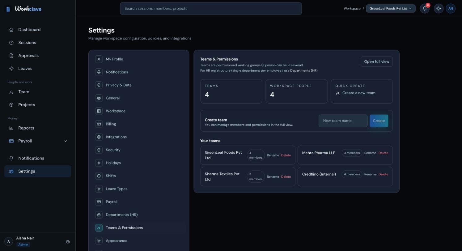 صفحة إعدادات Teams & Permissions وفيها عدد الفرق وعدد أشخاص مساحة العمل، ومربع Create team، وقائمة الفرق مع زرّي Rename وDelete.