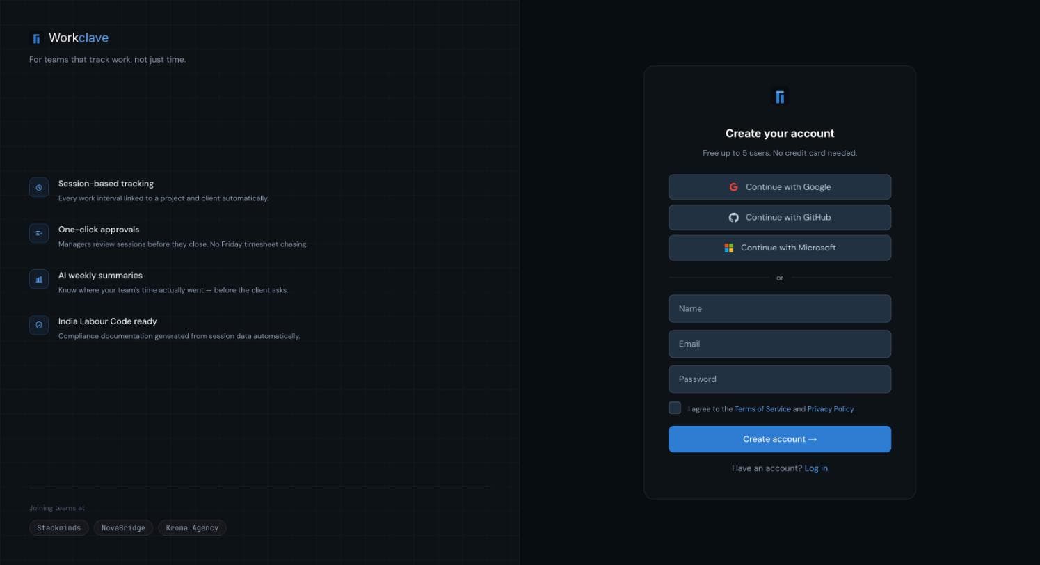 نموذج Create your account بحقول الاسم والبريد وكلمة المرور، ومربع الموافقة على الشروط، وزر إنشاء الحساب.