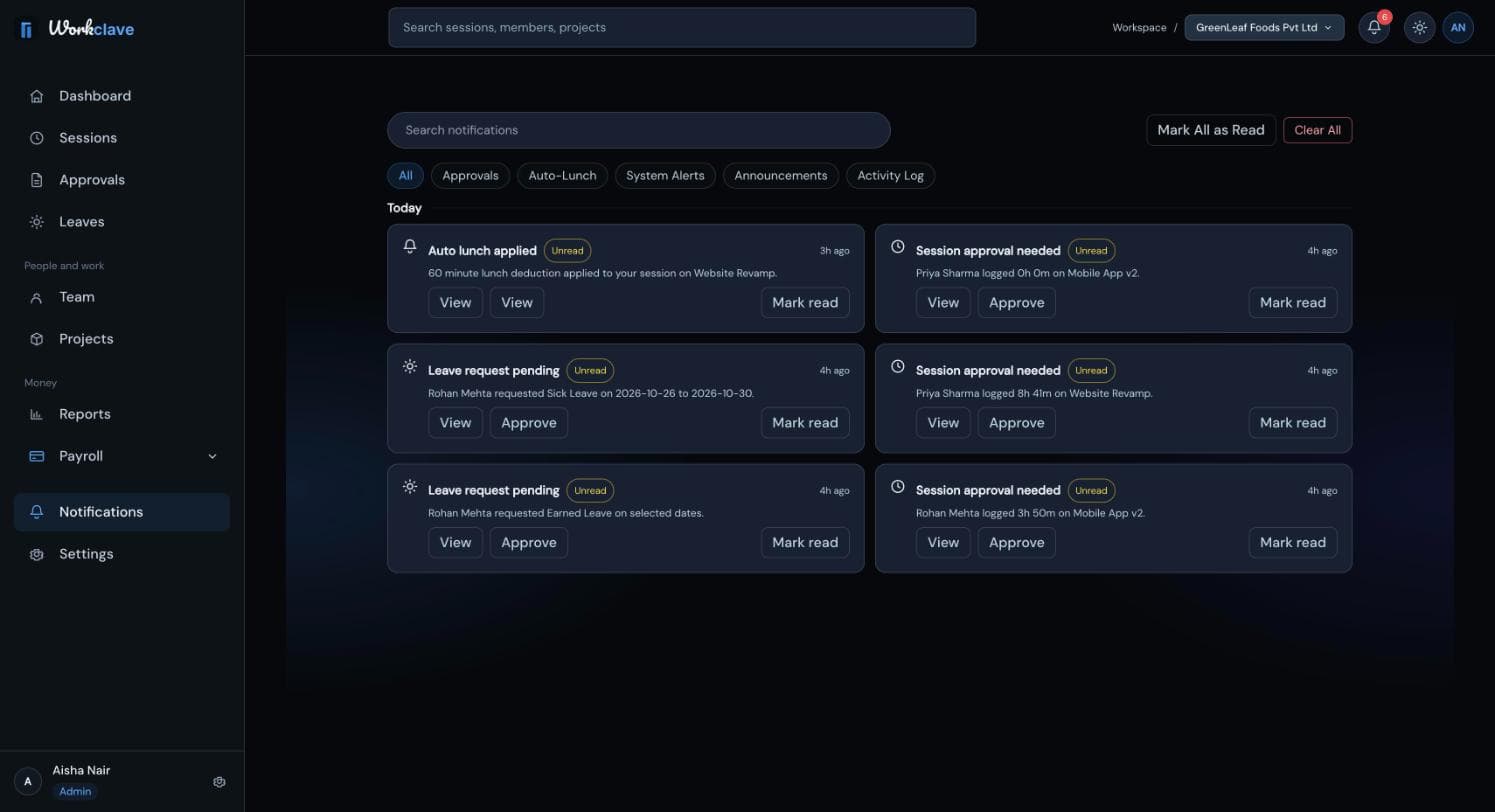 Notifications page, jismein filter tabs, search box aur Today aur Yesterday ke hisaab se grouped notifications hain, har ek par View aur Mark read buttons ke saath.