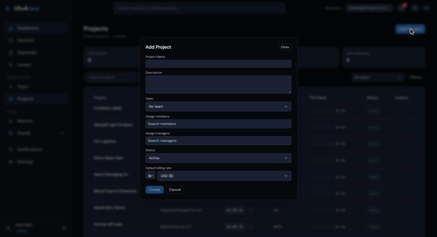 Il modulo Add Project con i campi Project Name, Description, Team, Assign members, Assign managers, Status e Default billing rate.