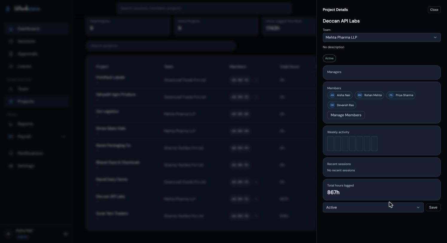 Il pannello Project Details con il team, lo stato, i membri, l'attività settimanale e le ore totali registrate del progetto.