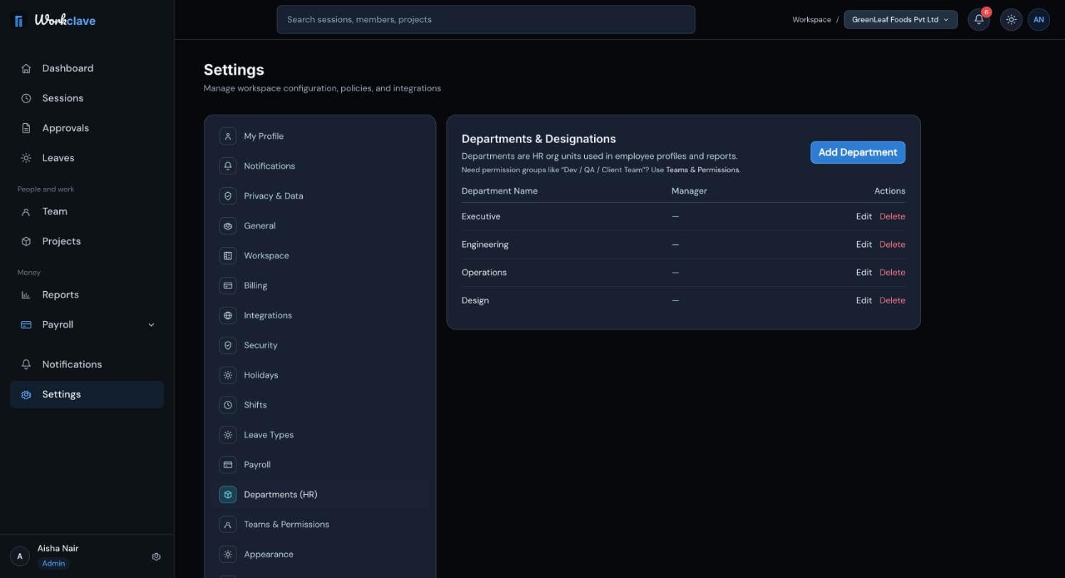 The Departments settings page with a table of department names and managers and the Add Department button.