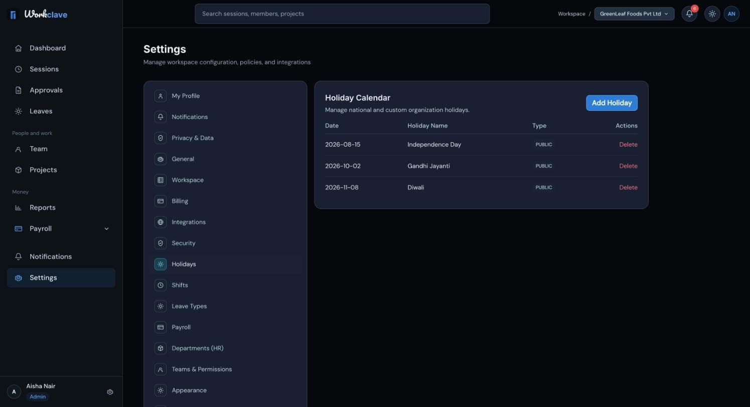 The Holiday Calendar settings page with a table of holiday dates, names and types and the Add Holiday button.