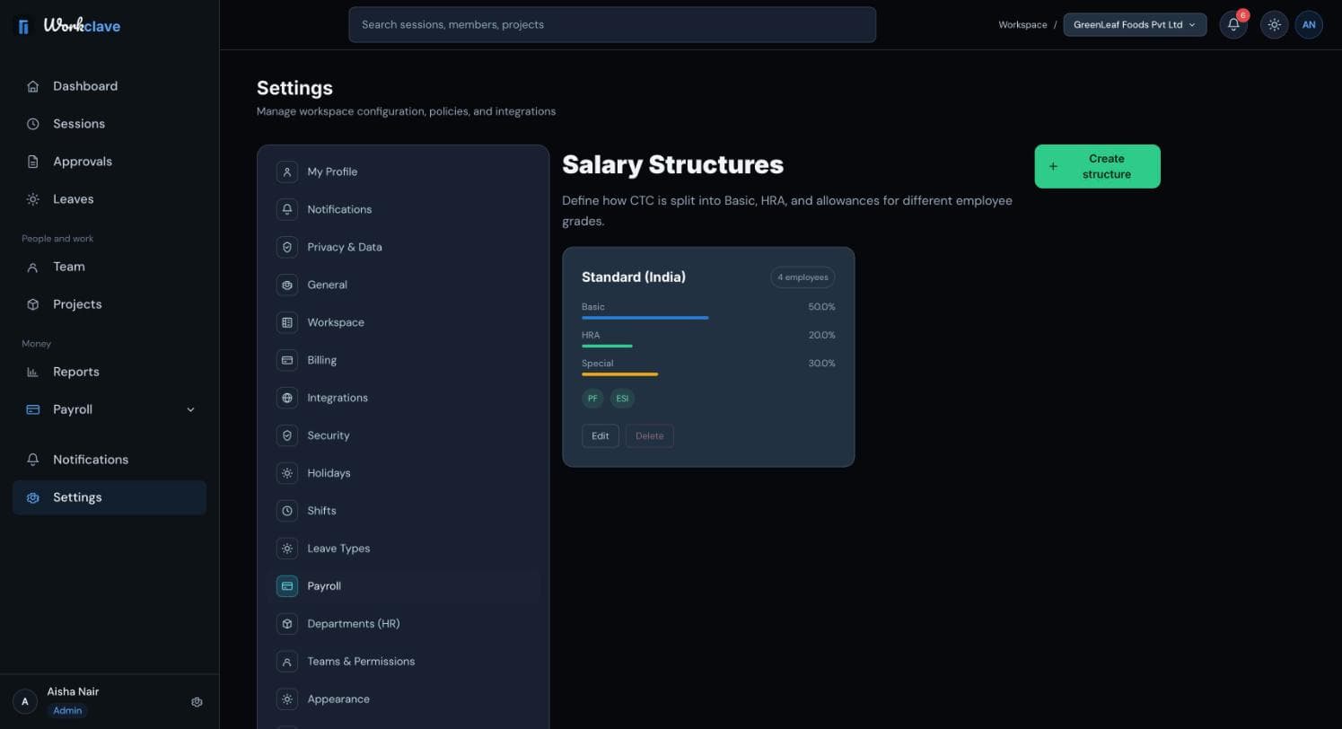صفحة إعدادات Salary Structures وتسرد الهياكل مع توزيع Basic وHRA وSpecial وعلامتي PF وESI، وبجانب كل منها زر Edit.
